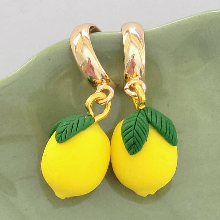 Lemon Charm Hoop Earrings - Polymer Clay Fruit Jewelry for wholesale by Sweets & Pearls