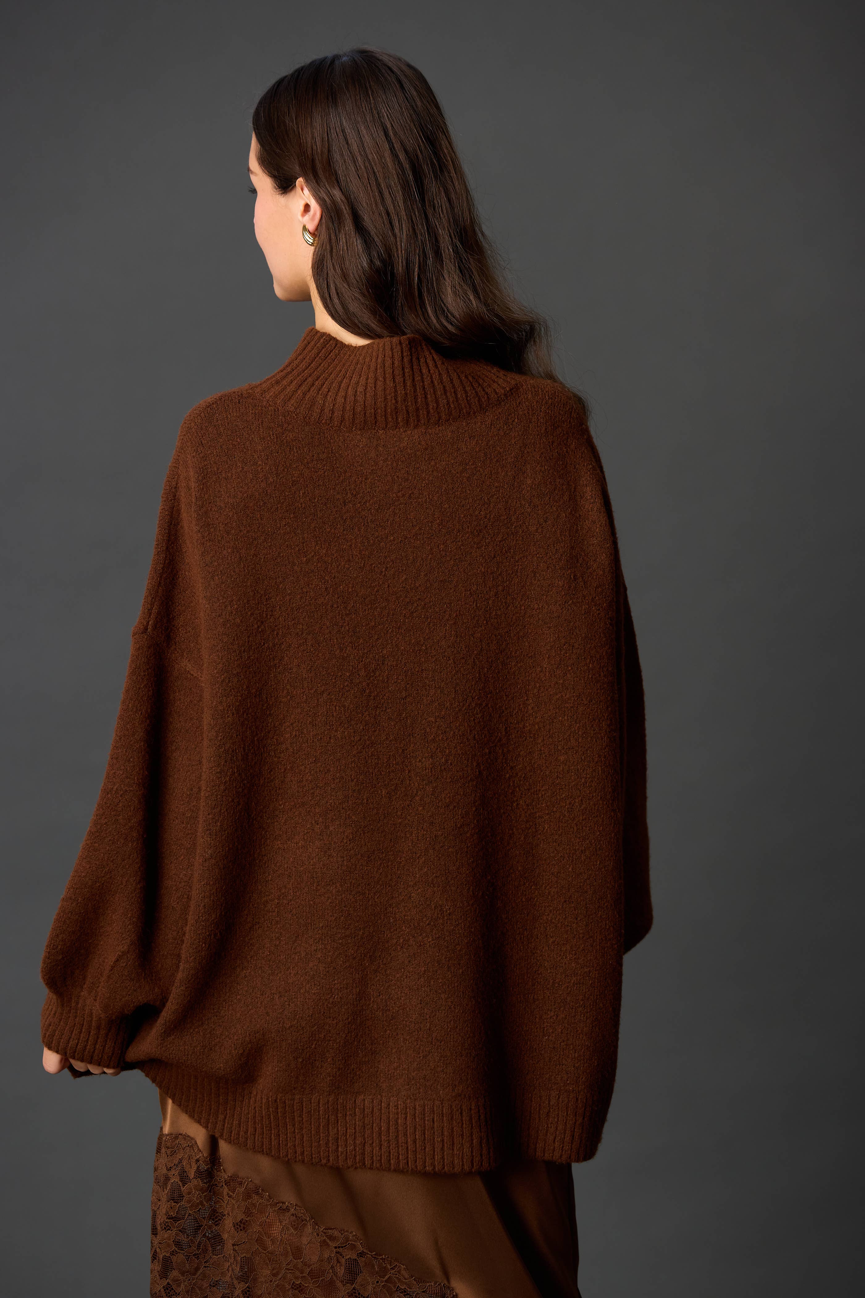 Maroon Knit Ribbed Funnel Neck Oversized Pullover for wholesale on Faire9