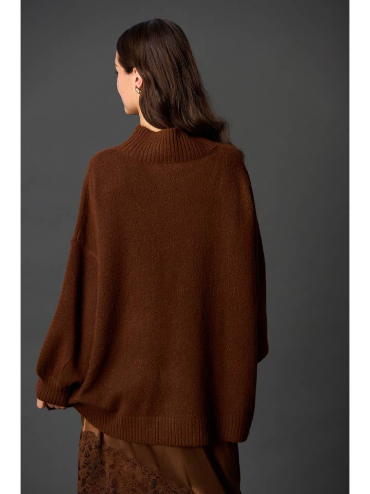 Maroon Knit Ribbed Funnel Neck Oversized Pullover for wholesale on Faire9