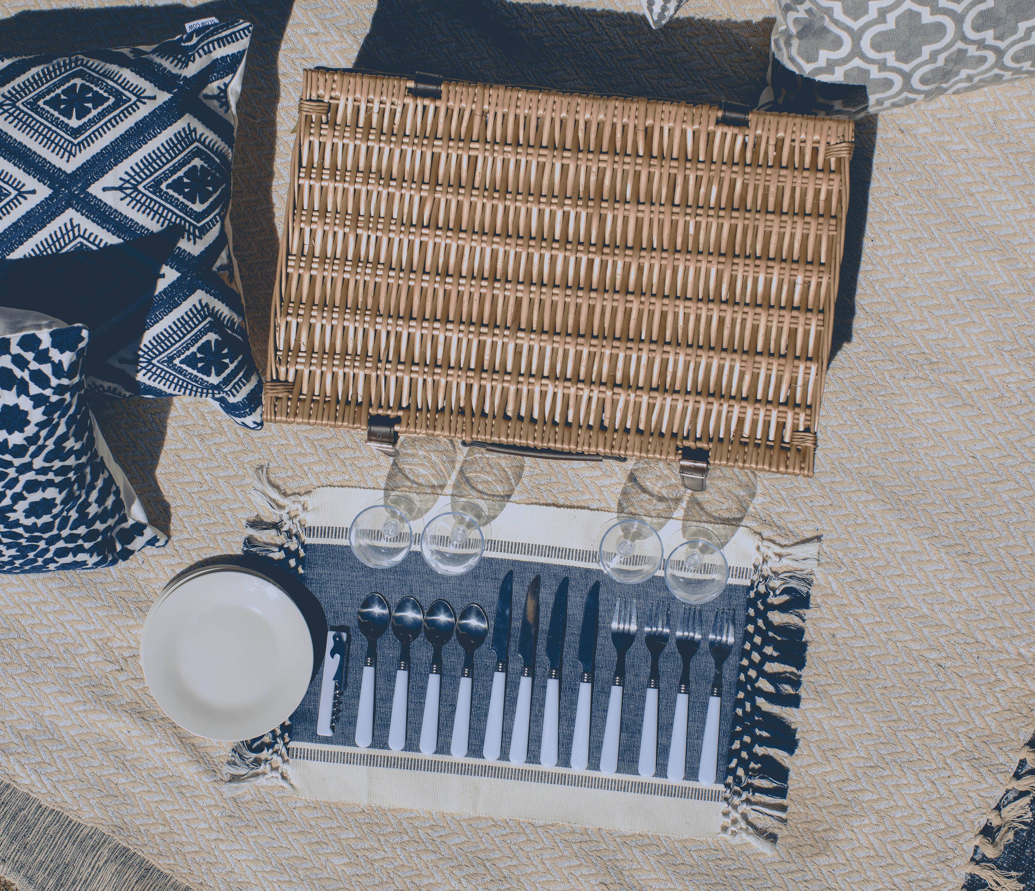 Belmont Picnic Basket, (Navy Blue & White Stripe) for wholesale on Faire16