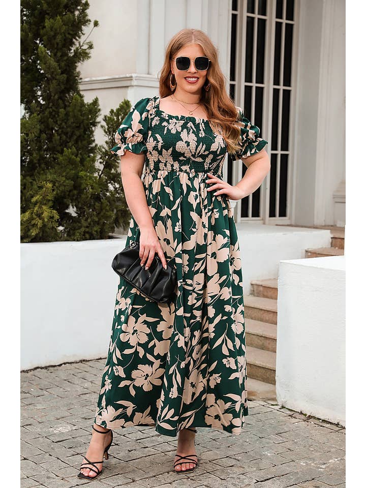 Suhkasana - Wholesale Dress - Women's - Womens Summer Puffy Short Sleeve Square Neck Smocked Tiered Ruffle Plus Size Dress