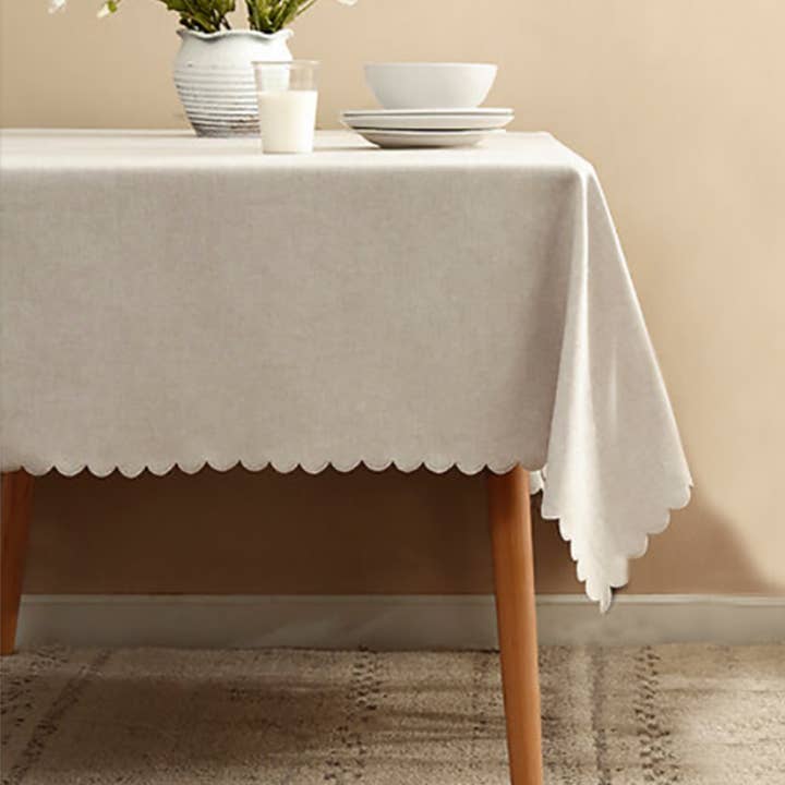 Fennco Styles - Wholesale Tablecloth - Beige Scalloped Border Wrinkle-Free Tablecloth