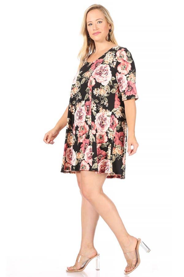 VIBE Apparel Co – wholesale Klänning - Dam – Plus mörk blommig borstad sväng klänning15