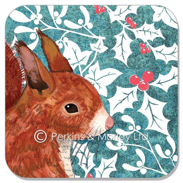 Perkins & Morley - Venta al por mayor Posavasos - posavasos navideños de madera salvaje con ardilla roja