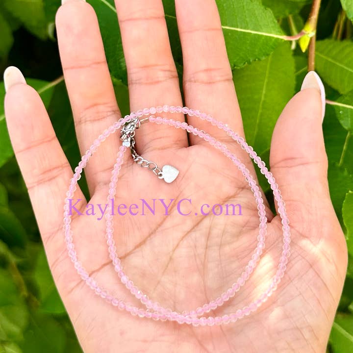 KayleeNYC - Wholesale Beaded/Pearl Necklace - 2mm Natural Rose Quartz Necklaces Crystals Healing Energy6