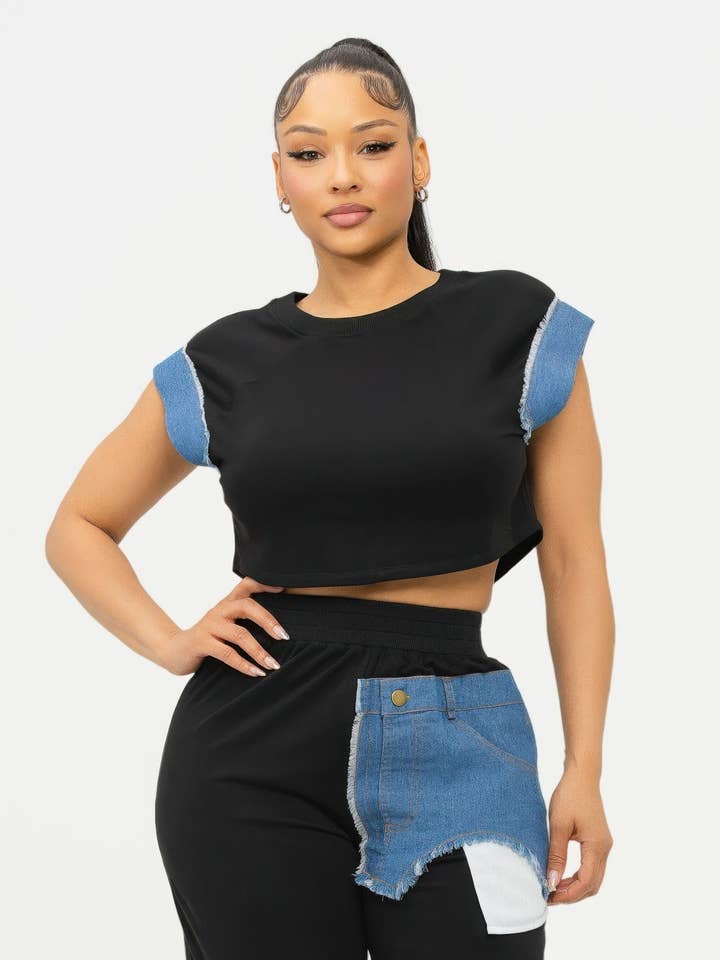 Color Block Denim Sleeve Top And Biker Shorts Set for wholesale by CC Wholesale Clothing