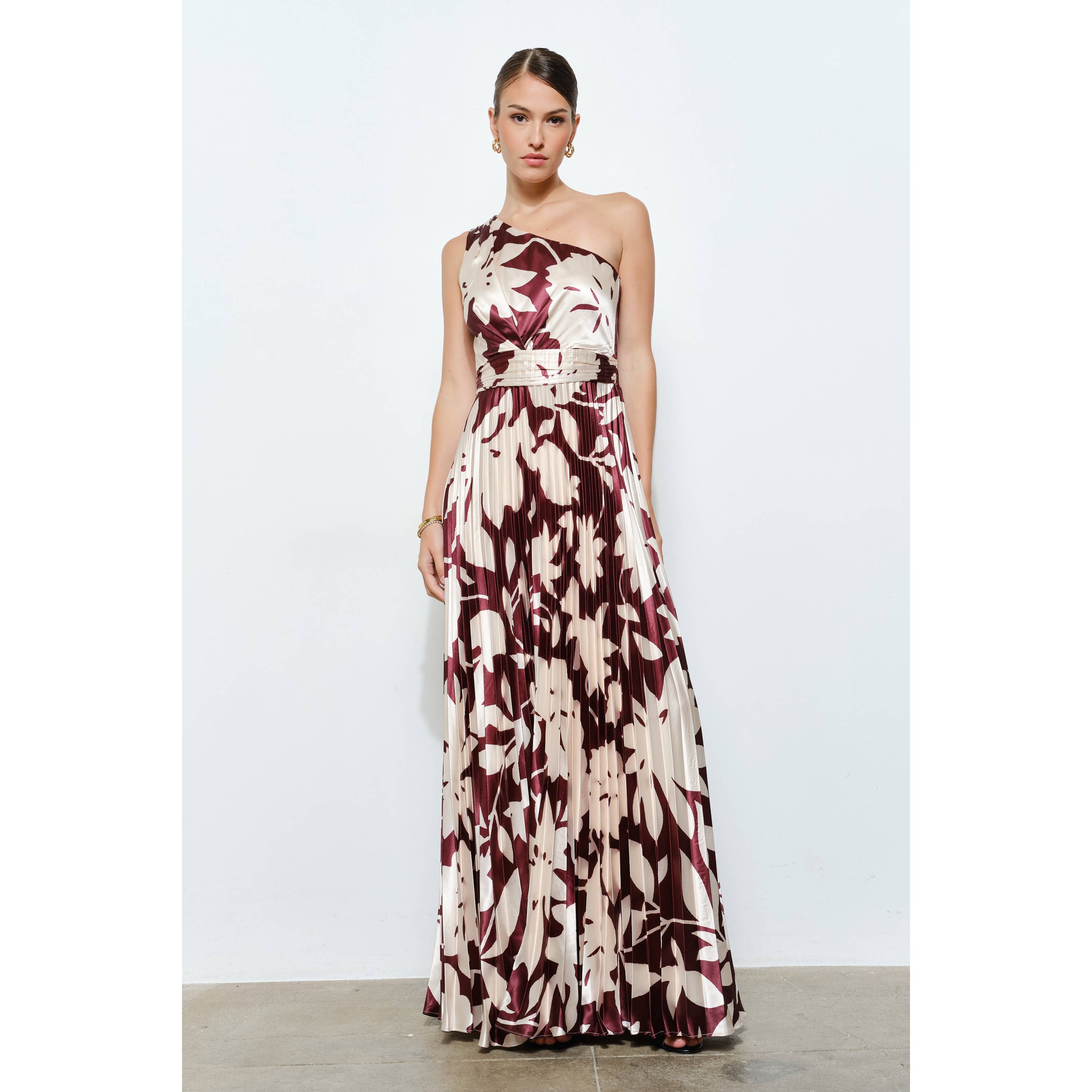 MOCHA MOUSSE One Shoulder Satin Floral Print Pleated Maxi Dress for wholesale on Faire2