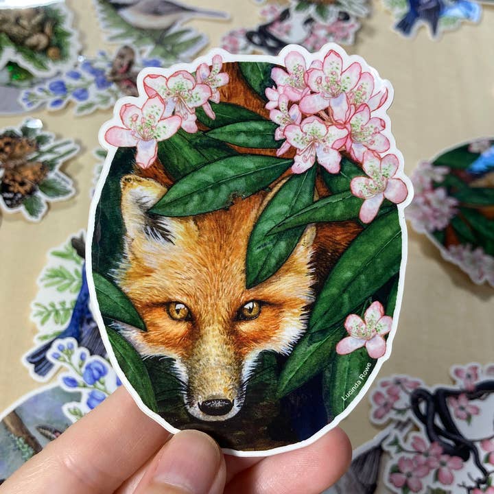 Lucinda Rowe Art - Vente Autocollant - Autocollant - Renard roux avec rhododendron0