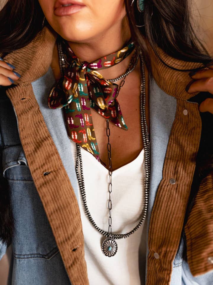 Brown Silk Twilly with Multicolor Cowboy Boots for wholesale by West & Co.