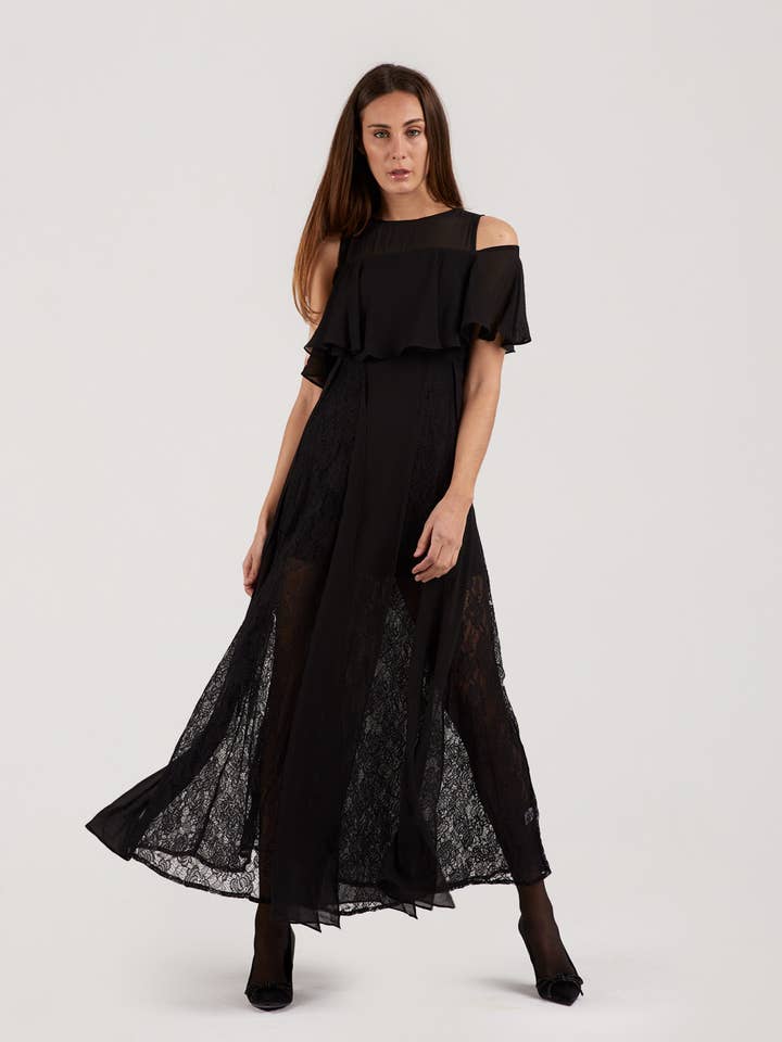 Vestido largo negro Helen con tela detallada for wholesale by SOHUMAN