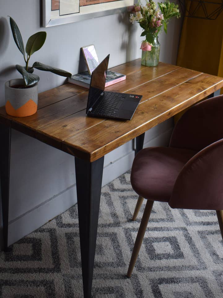 Industrial Reclaimed Pine Desks with Black t Shape Steel Legs - Mid-Century Modern Home Office Furniture Plank Style for wholesale by James's Workshop