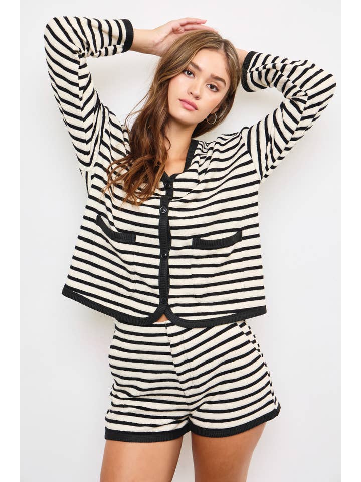 Mustard Seed - Wholesale Cardigan - Women's - TEXTURED HORIZONTAL STRIPED CARDIGAN