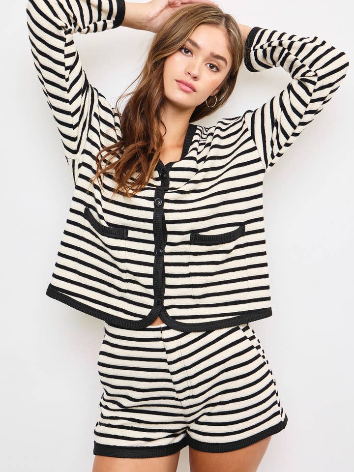 TEXTURED HORIZONTAL STRIPED CARDIGAN for wholesale by Mustard Seed