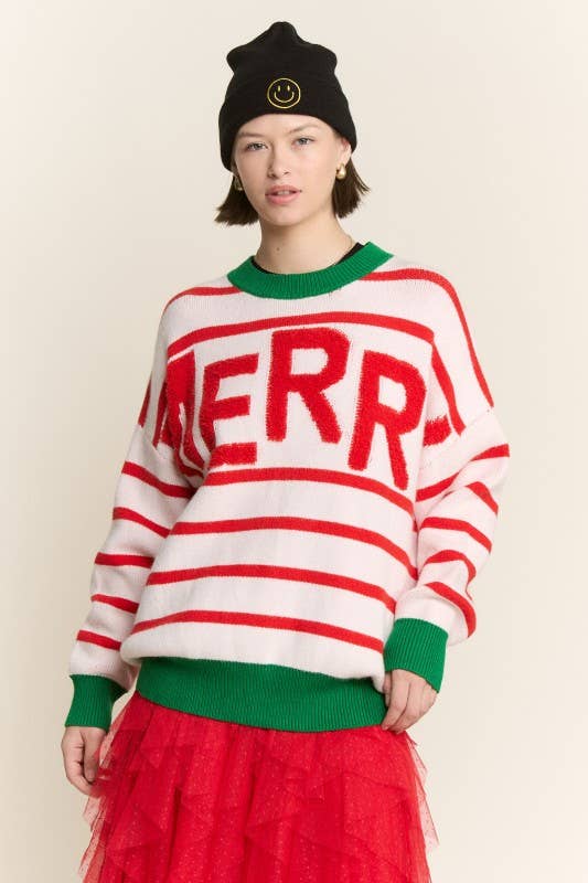 WHITE RED PLUS SIZE STRIPED CHRISTMAS MERRY SWEATER for wholesale on Faire4