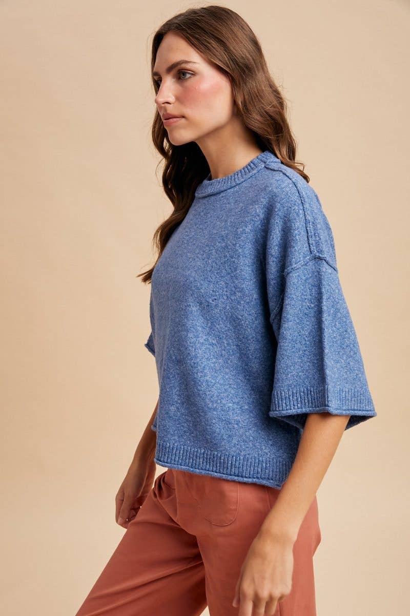 Vanilla Monkey - Wholesale Knit Sweater - Women's - Melange Loose Fit Crop Short Sleev Sweater Top1