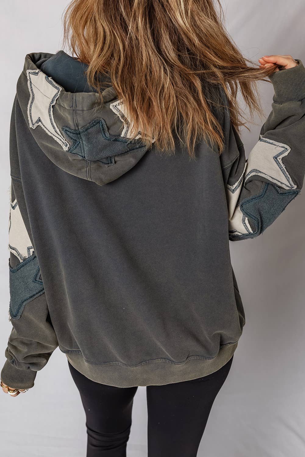 Gris Carbone LDC Star Patchwork Contrasté Couture Poche Vintage Hoodie en vente sur Faire1