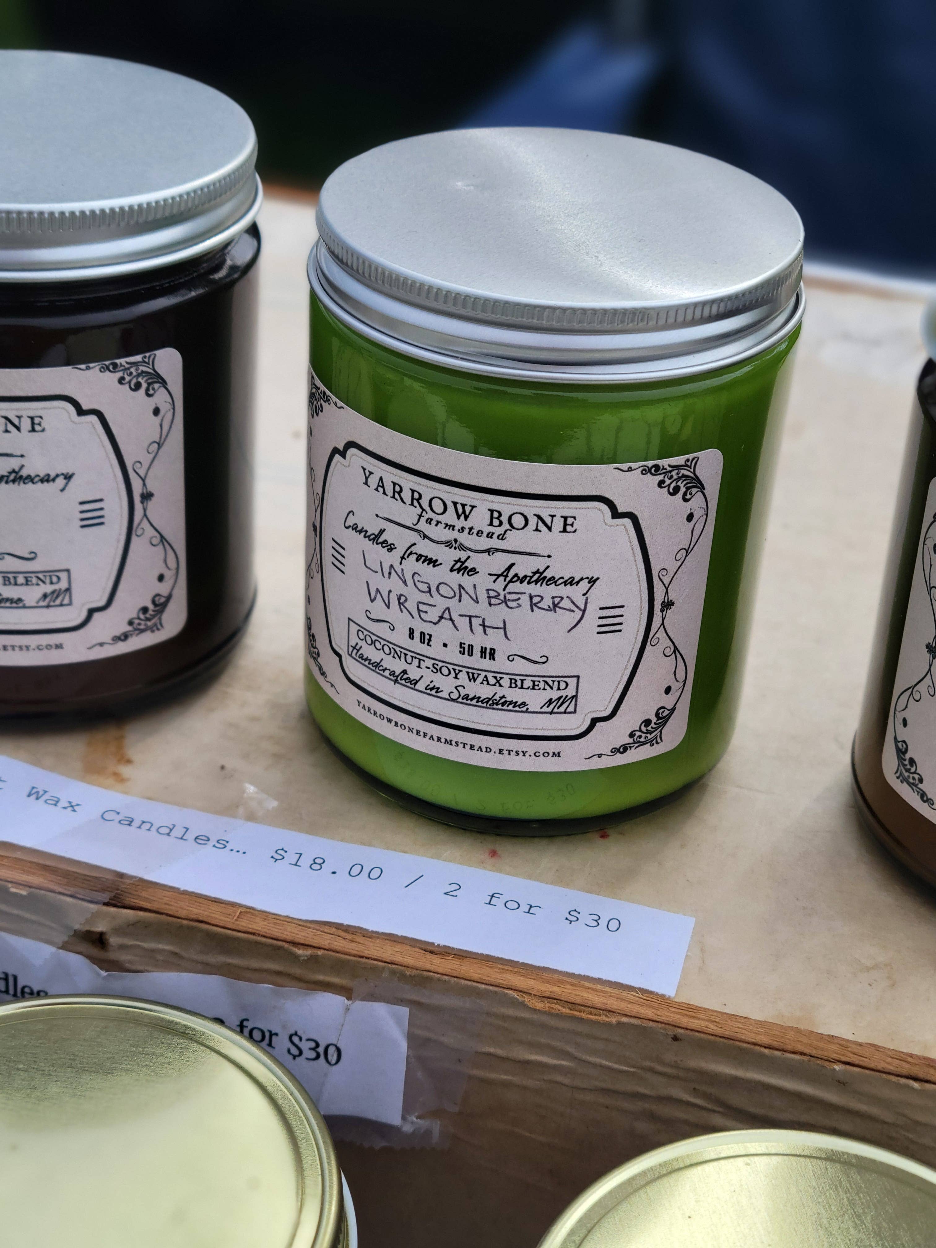 Yarrow Bone Farmstead - Wholesale Jar/Filled Candle - Lingonberry Wreath Holiday Soy-Coconut Green Glass Candle1