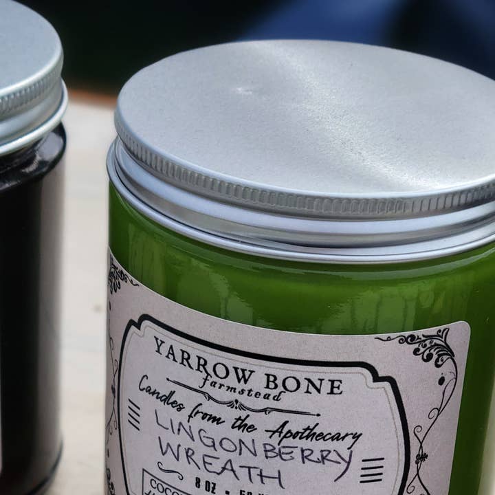 Yarrow Bone Farmstead - Wholesale Jar/Filled Candle - Lingonberry Wreath Holiday Soy-Coconut Green Glass Candle1