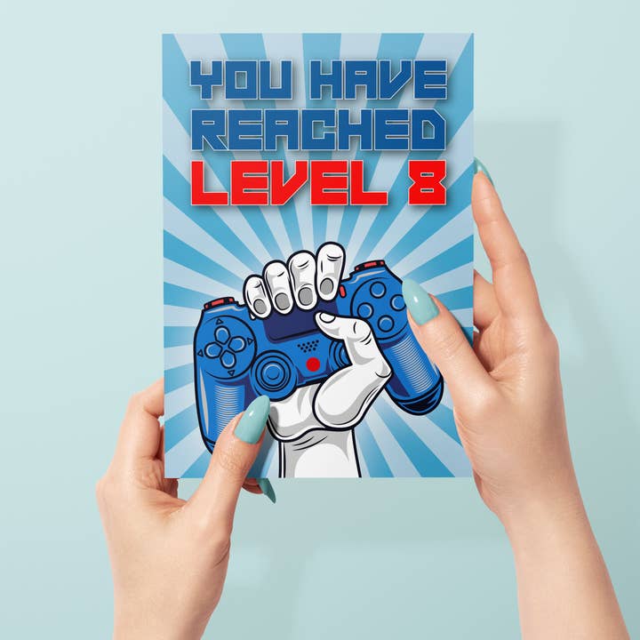 Biglietto di auguri per l'ottavo compleanno, hai raggiunto il livello 8 per la vendita all'ingrosso da parte di Mug Monster