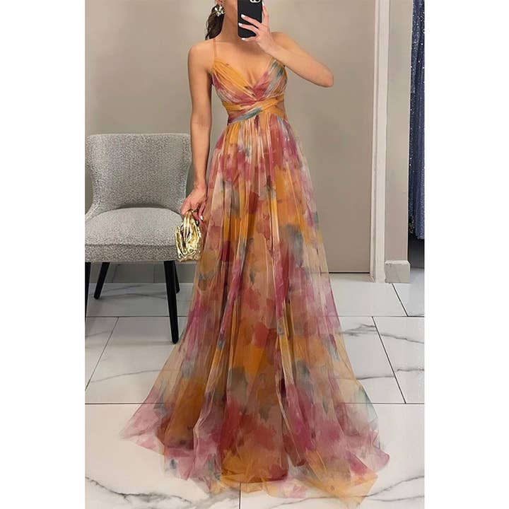 Lily Clothing - Wholesale Dress - Women's - LOW CUT LONG SWING DRESS WITH MESH PRINT HALTER