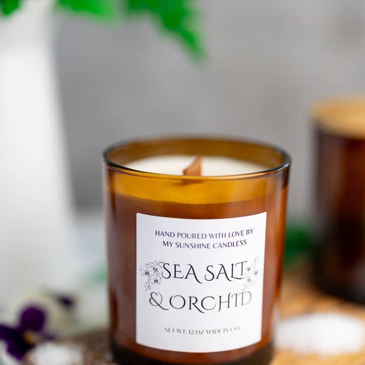 MySunshineCandless - Wholesale Jar/filled candle - Sea Salt & Orchid Beautiful Amber Jar Candle Wooden Wick/With All Natural 100% Soy Wax /Cozy Amber Jar 12oz , 10oz , 7oz4