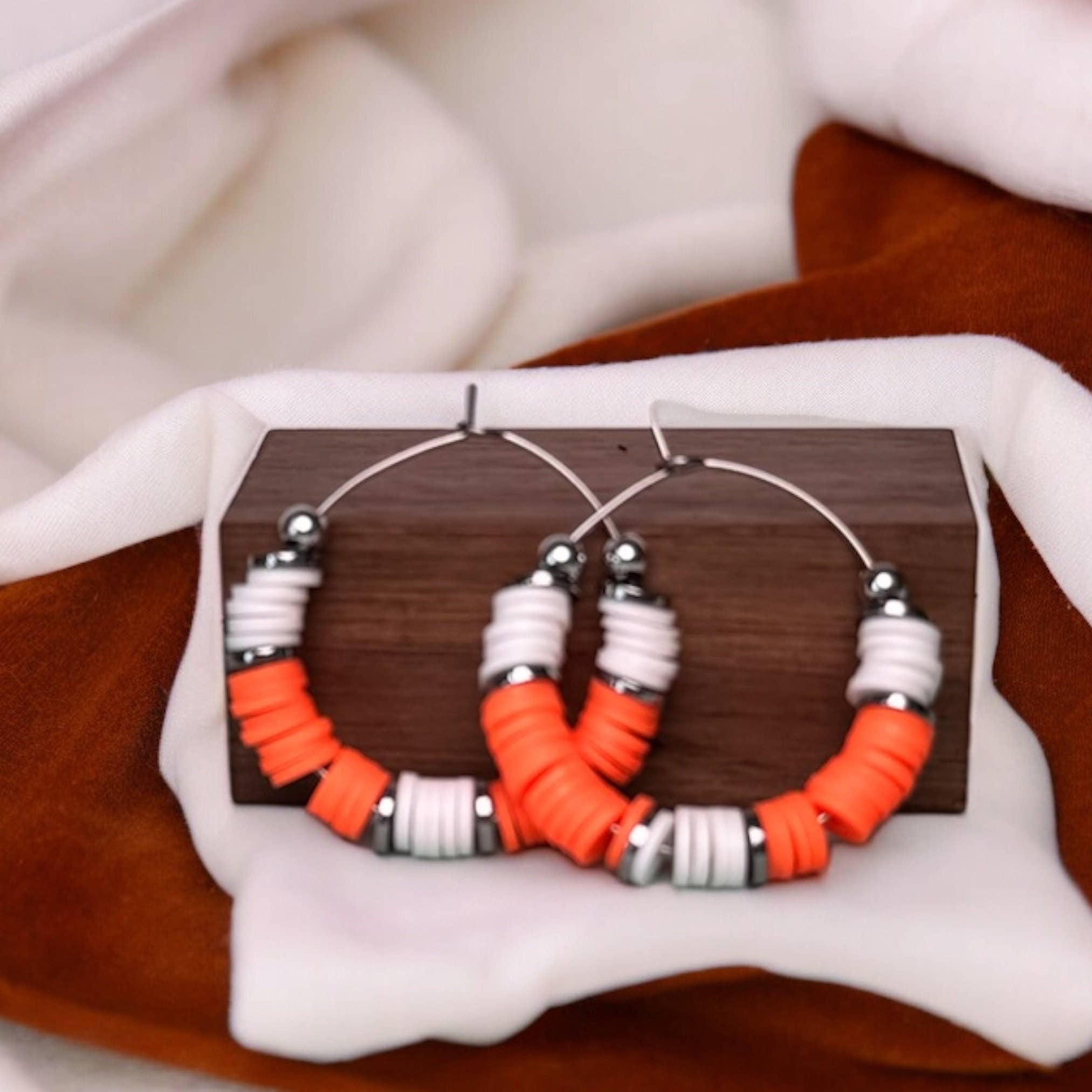 Fish Towne Designs, LLC - Wholesale Hoop Earrings - Orange and White Heishi Bead Hoop Earrings3