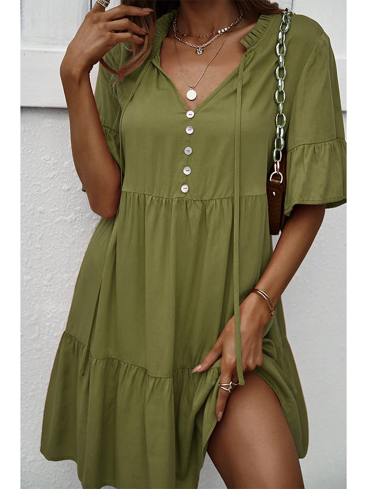 Supreme Fashion – wholesale Dress – Women's – V Neck Flounce Sleeve Ruffle Hem Tie Neck Smock Dress5