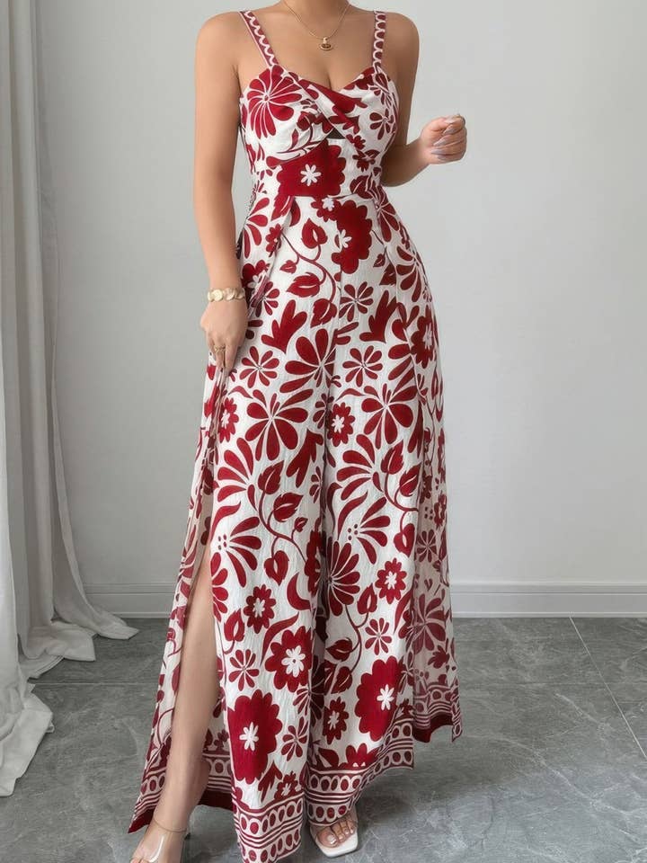 Jumpsuit met Bloemenprint, Hoge Taille, Split en Wijde Pijpen voor wholesale door Ray's Organic's