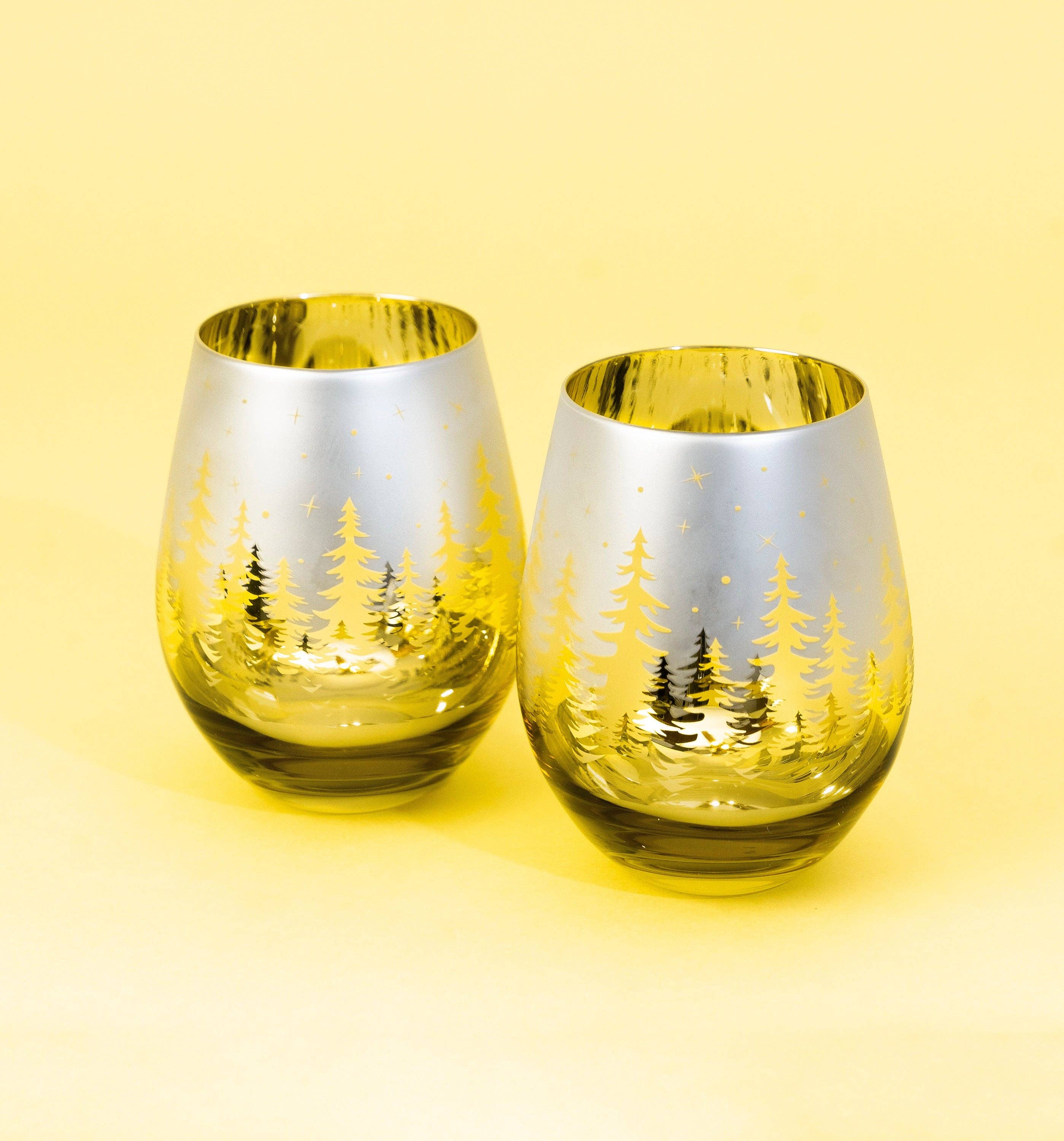 Jersey Art Glass - Wholesale Wine Glass - Gold Christmas Stemless Wine (Set of 2)3