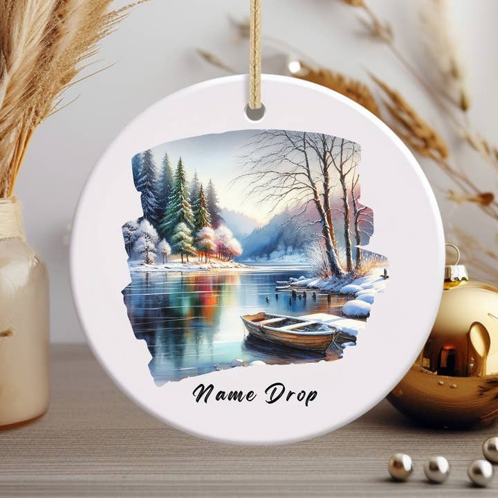 Snowy Forest and Winter Lake Christmas Ornament Name Drop for wholesale by Stad Woodlands