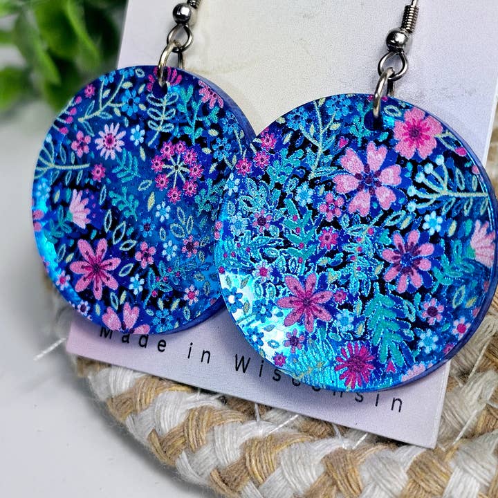 Jedi Woods LLC - Wholesale Dangle Earrings - Metallic Blue Springtime Floral Medallion Earrings
