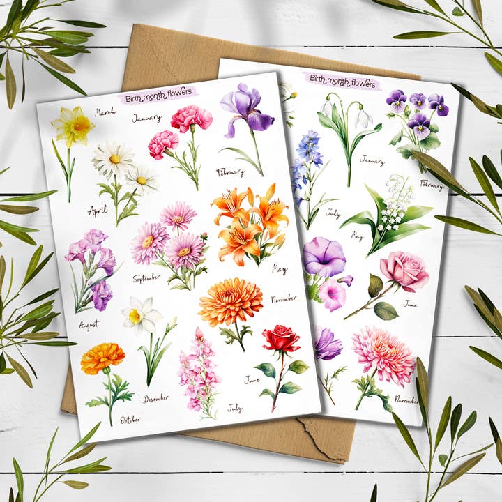 Feuille d'autocollants de fleurs de naissance par mois. Fleur sauvage botanique pour la vente par DailyStickersUK