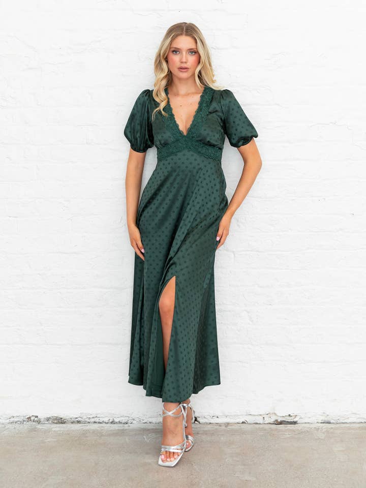Lovedrobe Emerald Polka Dot V Neck Midaxi Dress with Lace Trim for wholesale by Plaza Collection Ltd