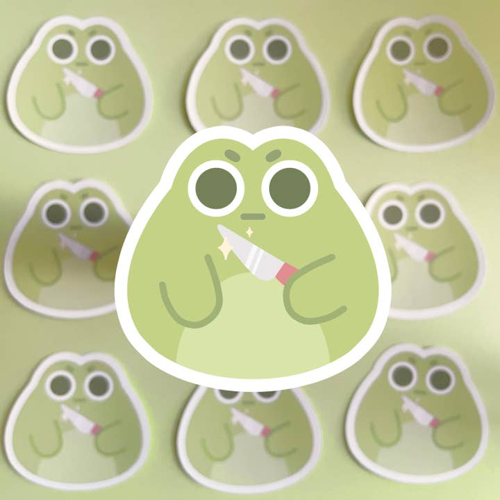 Frog with Knife: Glossy Die-Cut Vinyl Stickers for wholesale by Ouri Studio