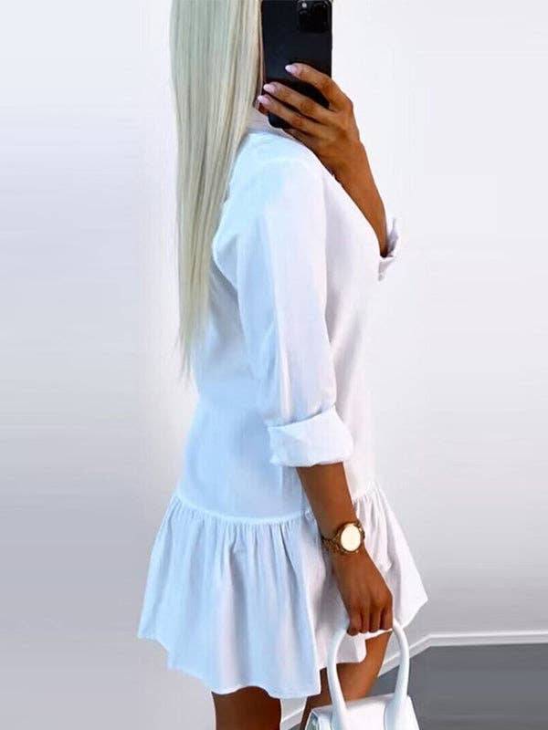 UZ Wholesale Store - Vendita all'ingrosso Vestito - Donna - Mini abiti a camicia con risvolto diviso in tinta unita plissettati a maniche lunghe6