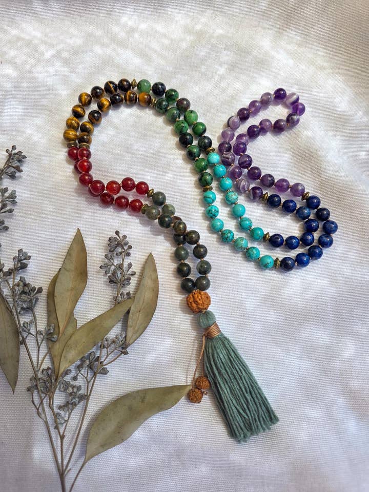 Seven Chakra Mala Beads 108 Reiki-Infused Gemstone Necklace for wholesale by Samadhi Mala Beads