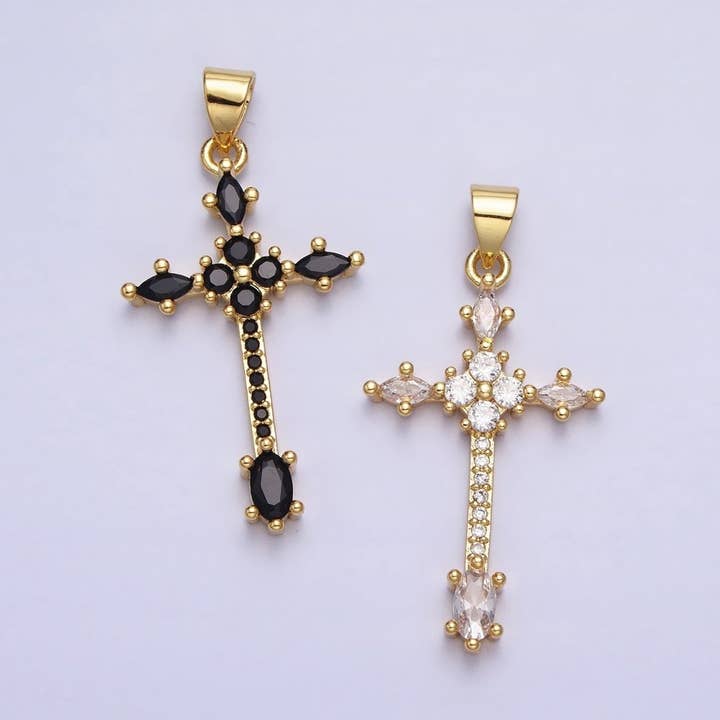 Ciondolo Croce Religiosa con Zirconi Cubici Micro Pavé Marquise Trasparenti e Neri, Riempito in Oro 24K | AA205 AA209 per la vendita all'ingrosso da parte di Aim Eternal