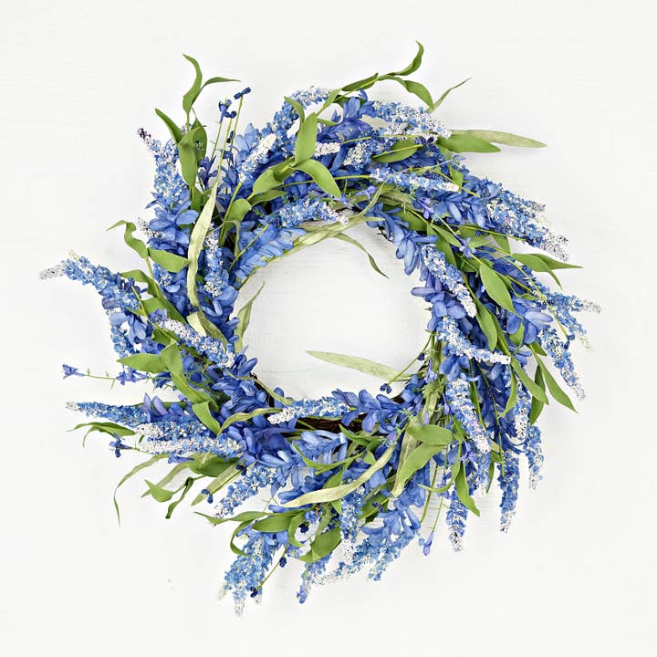 Holiday Depot Inc. - Wholesale Wreath - 35600- 24in Twig Wreath Blue Bonnet Flowers with Heather