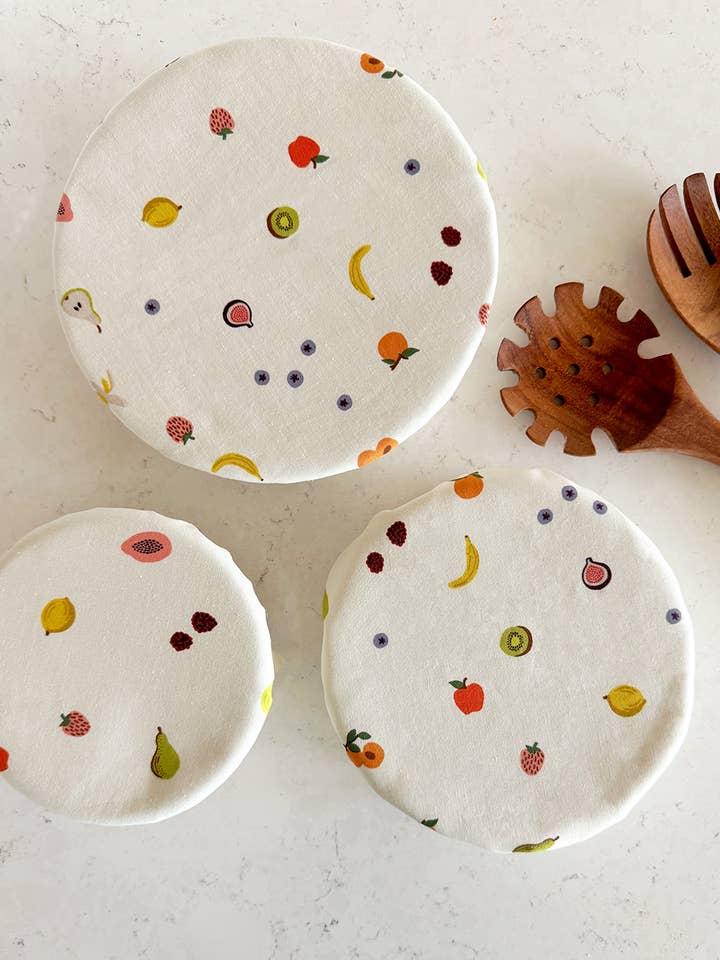 Mini Fruit Icon in Cream Fabric Bowl Cover Set for wholesale by Peace Out Plastic