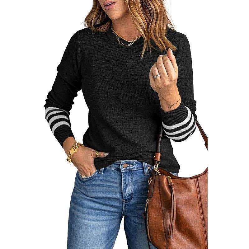 UZ Wholesale Store – Großhandel Strickpullover – Damen – Farbblockierter gestreifter Langarm-Strickpullover mit Rundhalsausschnitt0