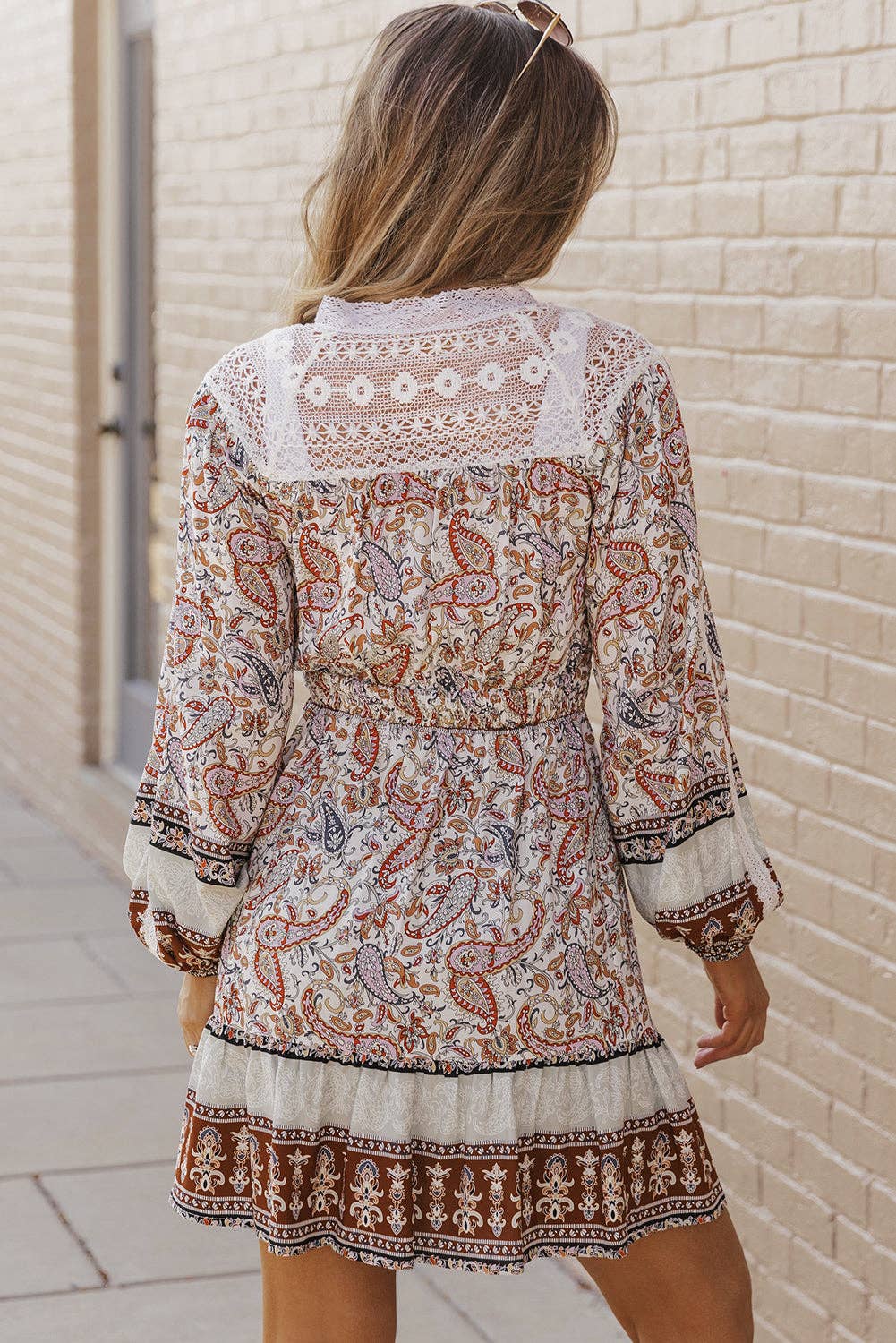 Multicolor Maeve Lace Splicing Split Neck Paisley Ruffle Mini Dress for wholesale on Faire1