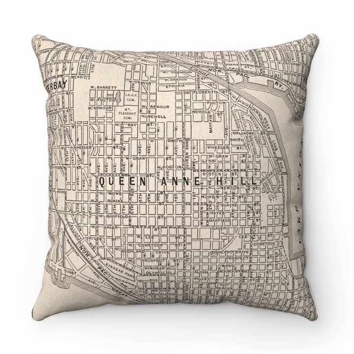 Queen Anne Hill Seattle Washington Map Pillow for wholesale by Daisy Mae Designs