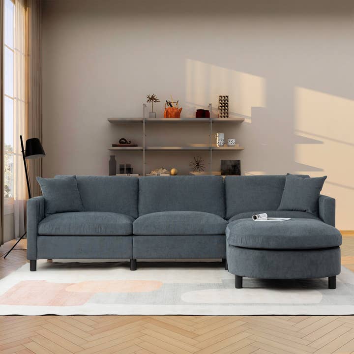 Orange County Decor - Wholesale Sofa - 107.87'Sectional Sofa Couch With 1 Ottoman,Seat Cushion And Back Cushion Removable Dark Gray Polyester