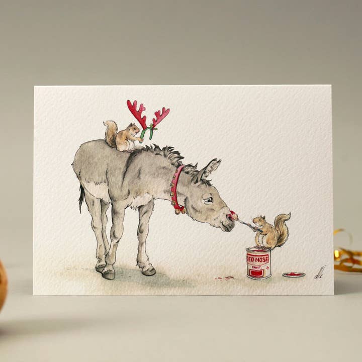 Weihnachtskarte mit roter Nase Esel für den Großhandel von DMC Illustrations