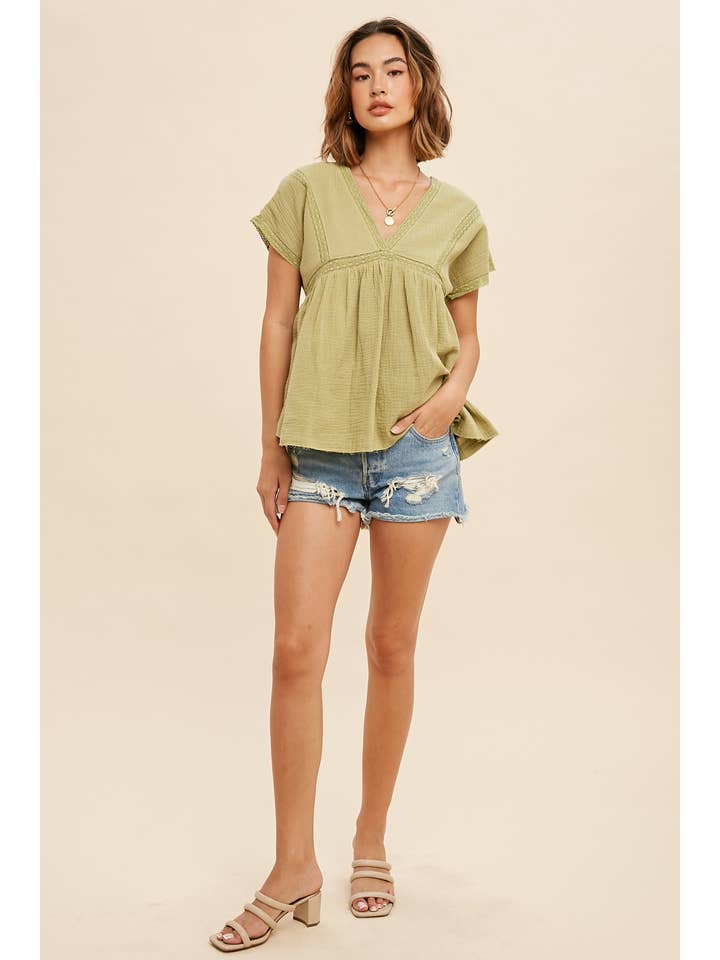 In Loom - Wholesale Blouse - Women's - COTTON MUSLIN LACE ACCENT V NECK BLOUSE