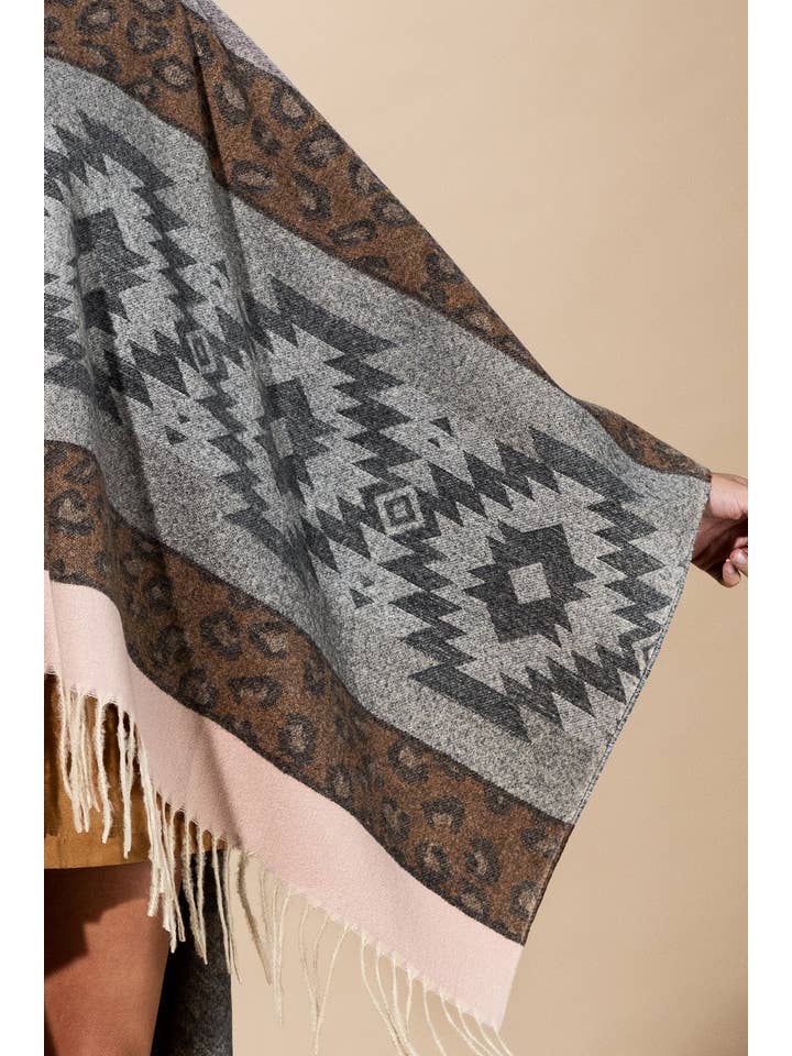 Urbanista - Wholesale Poncho – Women's - Aztec Leopard Pattern Fringe Ruana 5