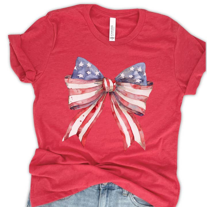 Patriotic American flag women'sgraphic t-shirt, Coquette bow for wholesale by ATTA TOOD Wholesale