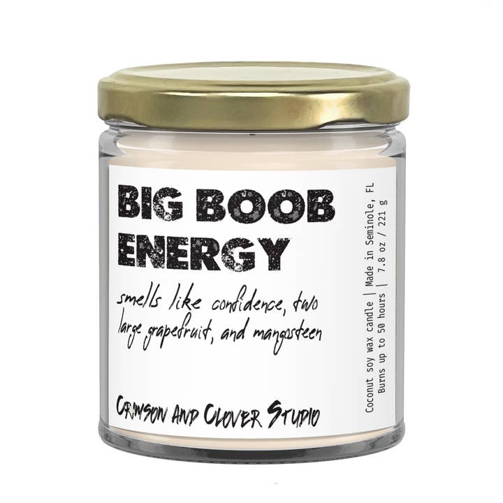 Big Boob Energy Funny Soy Candle for wholesale by Crimson and Clover Studio