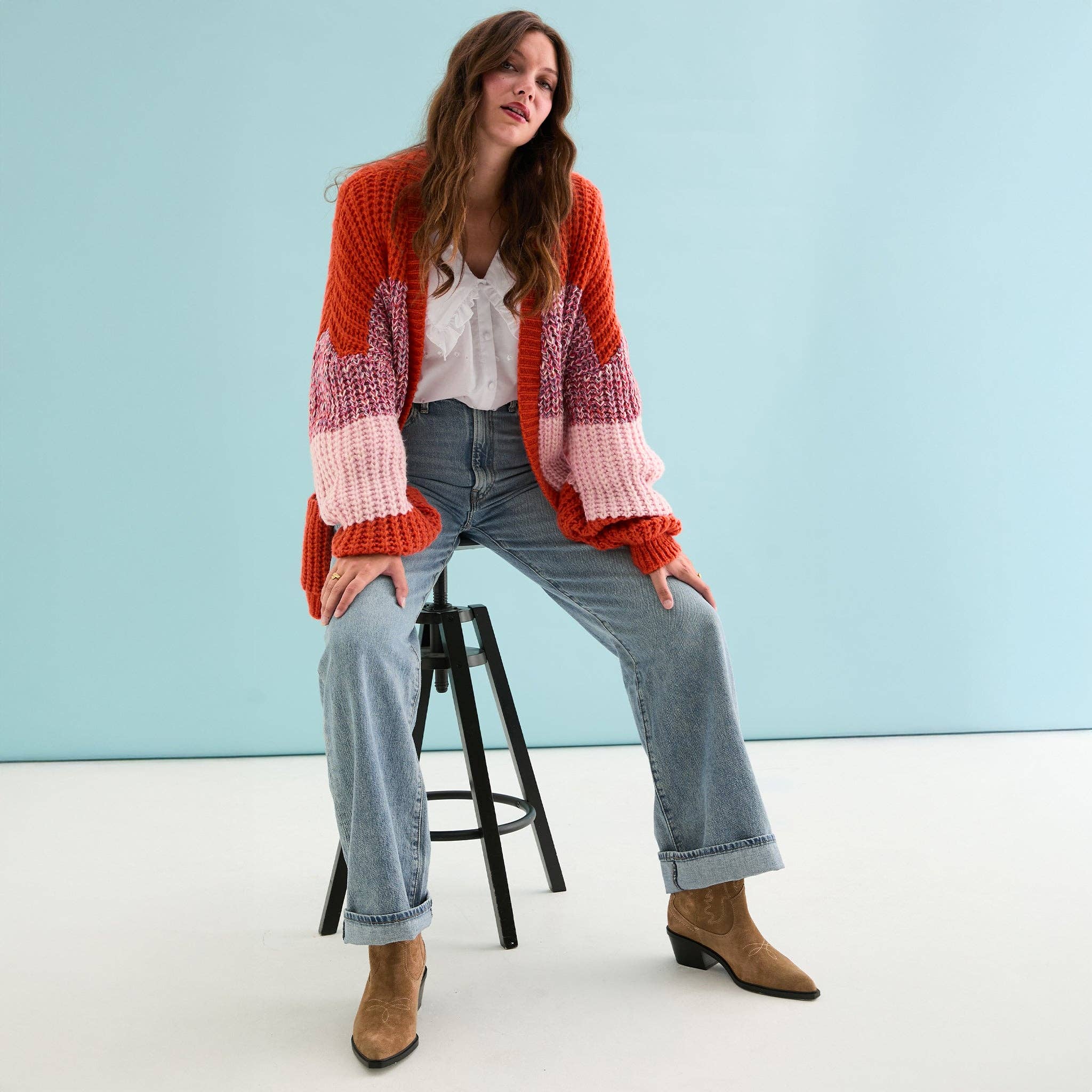 Cara & The Sky - Wholesale Cardigan - Women's - Janie Oversized Chunky Stripe Cardigan - Orange11