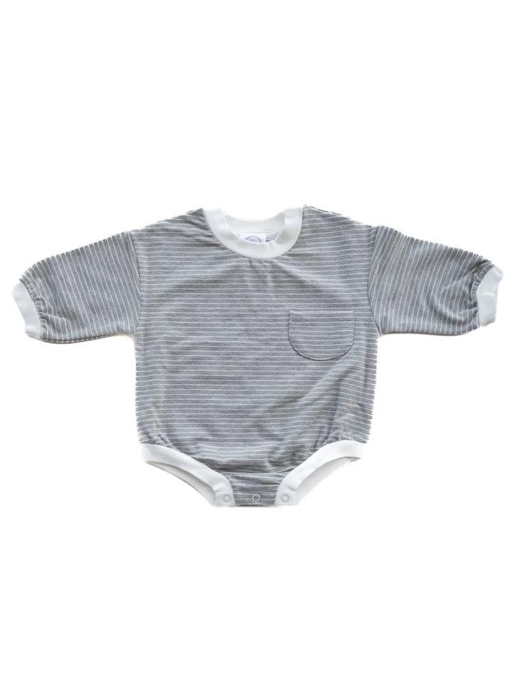 Grey Stripe Romper for wholesale by Little Firsts Baby Company